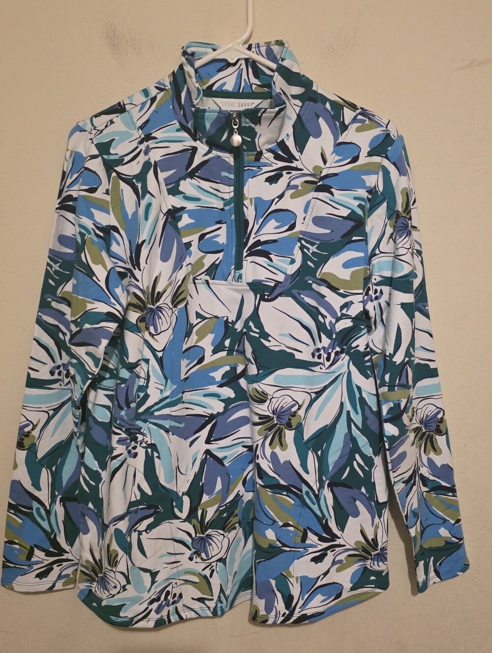 Sport Savvy Teal Floral 1/2-Zip Cowl Neck Pullover Size Small